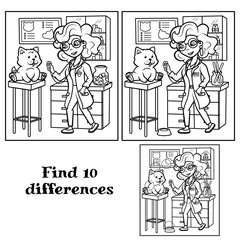 The veterinarian treats the dog. Find 10 differences. Tasks for children. Vector illustration