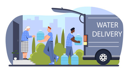 Water delivery vector concept. Men carrying large bottles of liquid for grandmother. Online shopping and home delivery. Logistics and transportation. Cartoon flat illustration