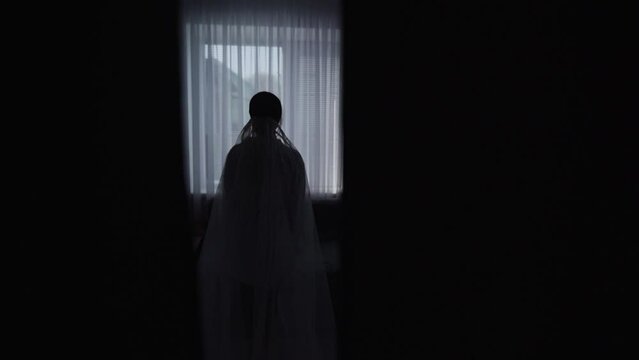 Silhouette of a Beautiful sexy Bride girl posing through the window. Slow motion
