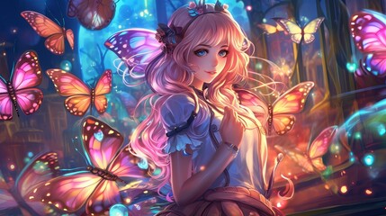 Obraz na płótnie Canvas Enchanting Anime Girl: Surreal Fantasy Backgrounds, Fairy Lights, and Neon Butterflies in 5K Resolution, Generative AI