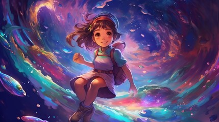 Girl in the Night - Whimsical Anime Girl Riding Shooting Star in Candy-Colored Galaxy - Illustration, Digital Painting, Generative AI