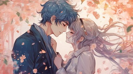 Couple Kissing - Whimsical Anime-Style Couple Embracing Love Against Romantic Wallpaper - Intimate and Joyful Illustration, Generative AI
