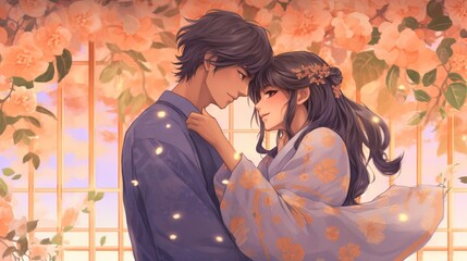 Romantic Anime-Style Couple in Tender Embrace: Intimate Love Illustration with Dreamy Wallpaper - Couple Kissing in the City, Generative AI