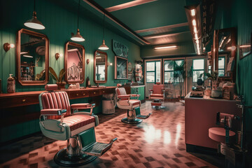 Interior of barbershop in pink and green color. Generative AI
