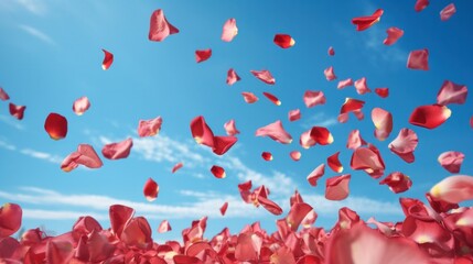Rose petals floating in the air against blue sky background. Generative AI.