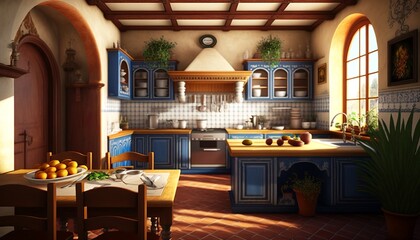 Fototapeta na wymiar Colorful mediterrean kitchen with natural wood furniture and authentic looking interior. Generative AI