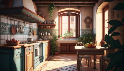 Colorful mediterrean kitchen with natural wood furniture and authentic looking interior. Generative AI