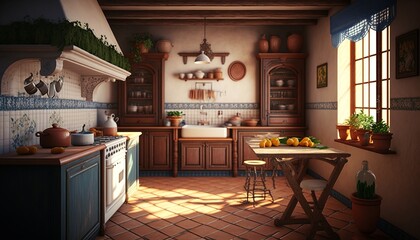 Colorful mediterrean kitchen with natural wood furniture and authentic looking interior. Generative AI