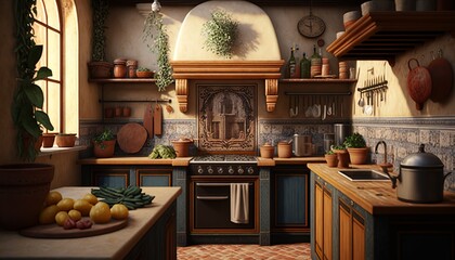Obraz na płótnie Canvas Colorful mediterrean kitchen with natural wood furniture and authentic looking interior. Generative AI