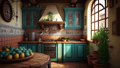 Colorful mediterrean kitchen with natural wood furniture and authentic looking interior. Generative AI - obrazy, fototapety, plakaty