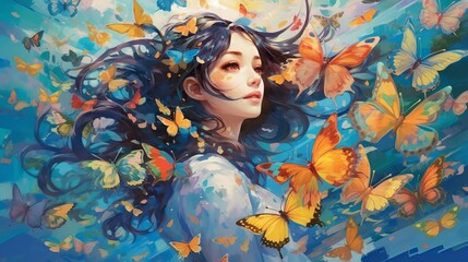 Portrait of a Woman in the Forest - Enchanting Anime Girl with Butterfly Wings: Captivating Artwork on Mesmerizing Blue Backdrop, Generative AI