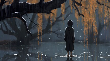 Fototapeta na wymiar Melancholic Anime Wallpaper: Poignant Scene of a Lone Character Amidst a Weeping Willow Tree, Symbolizing Sadness and Introspection, Generative AI