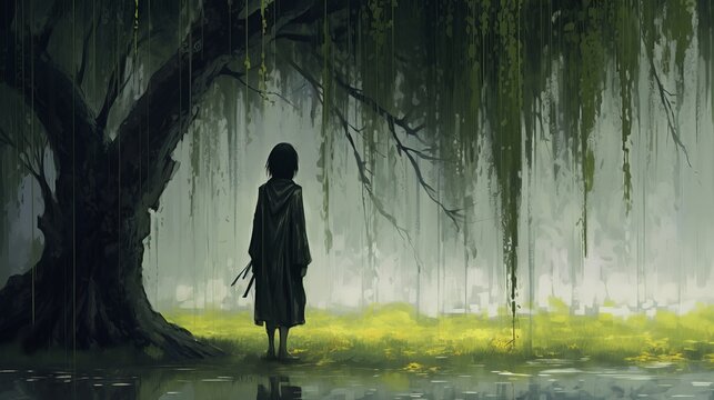 Silhouette of a Person in a Forest, Melancholic Anime Wallpaper: Poignant Depiction of a Lone Character Amidst a Weeping Willow Tree, Embracing Sadness and Introspection, Generative AI