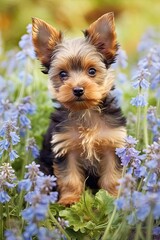 Cute and Adorable: Yorkshire Terrier Puppy in Floral Portrait with Forget Me Nots. Generative AI
