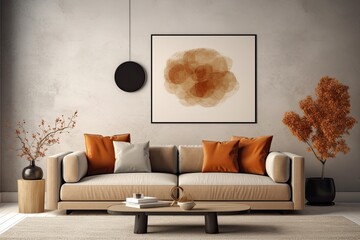 Modern Living Room Interior: Generative 3D Design of a Warm Cream Wall, Gray Sofa & Eyecatching Wood Frame: Generative AI