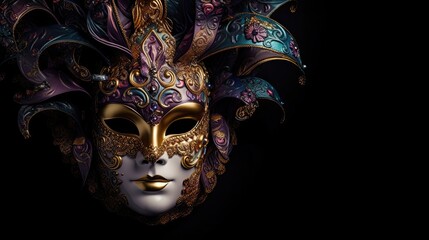 Mysterious Festive Rendez-Vous - Purple Fantasy Filigree Masked Carnival Tradition Antique Woman Portrait Isolated on Black Background, Banner, Wallpaper, Header: Generative AI