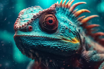 beauty of an iguana lizard up close, with its skin boasting a fantasy-inspired palette and a textured pattern that seems straight out of a surreal dream. Generative AI.