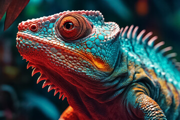 beauty of an iguana lizard up close, with its skin boasting a fantasy-inspired palette and a textured pattern that seems straight out of a surreal dream. Generative AI.