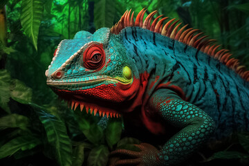 Fototapeta premium beauty of an iguana lizard up close, with its skin boasting a fantasy-inspired palette and a textured pattern that seems straight out of a surreal dream. Generative AI.