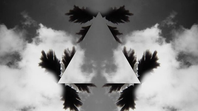 Computer graphics. A triangle around which smoke and spots diverge like a kaleidoscope. Psychology and psychiatry. Medical theme. Rorschach test