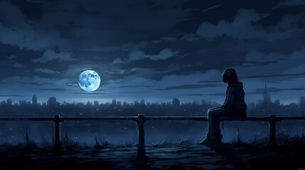 girl sitting on the bench, sunset on the lake, scene with moon, captivating anime HD wallpaper: embrace solitude in the darkness, Generative AI