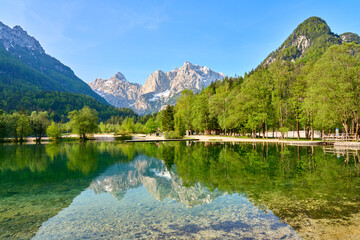 Mountain landscape at Lake Jasna in the Triglav National Park near Kranska Gora, Julian Alps,...