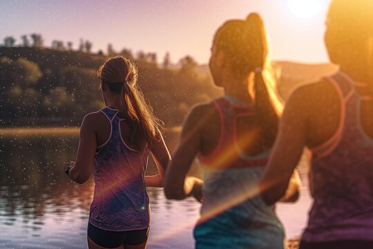 Close-up shot of several athletes running at sunset by the lake in the national park. Generative AI