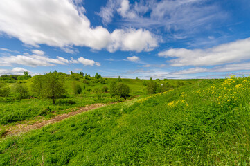 Fototapeta na wymiar Spring photography, meadows, fields, ravines, hills, rural landscape. A deep, narrow gorge with steep slopes. A naturally raised area of ​​land, not as high or craggy as a mountain.