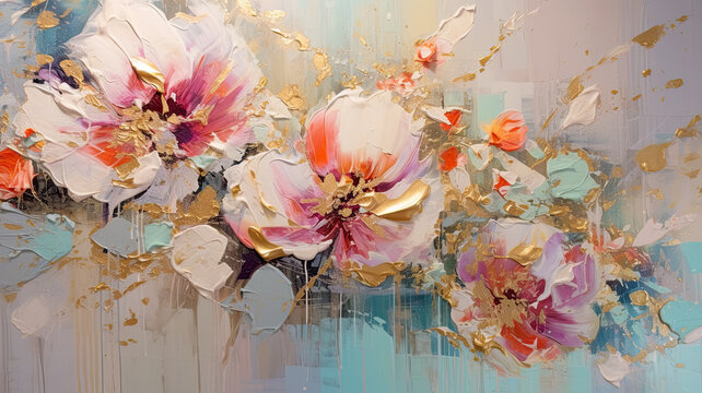 Fondo abstracto decorativo de flores de colores y trazos pintados, en colores grises, marr&oacute;n, azul, blanco