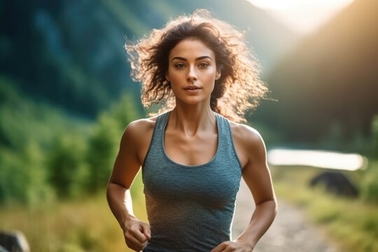 Close-up shot of female athlete running at sunset in national park. Generative AI