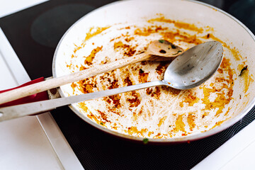 Dirty frying pan, with ceramic coating, with remnants burnt food