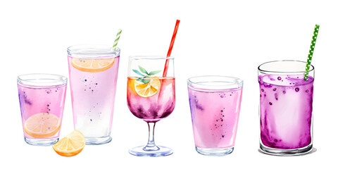 Set of watercolor pink summer drinks in glasses, cocktails with straw and bubbles, lemon slices, vector