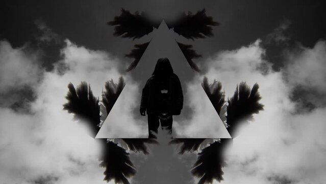 Computer graphics. The silhouette of a man in a triangle around which smoke and spots diverge like a kaleidoscope. Psychology and psychiatry. Medical theme. Rorschach test