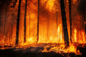 Forest fire or wildfire with burning trees close-up. Generative AI. - obrazy, fototapety, plakaty