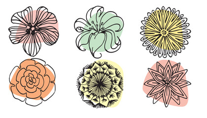 Vector set of hand drawn, single continuous line flowers, leaves. Art floral elements. Use for t-shirt prints, logos, cosmetics and beauty design elements