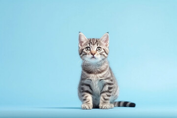Cute cat on blue background with copy space Generative Ai