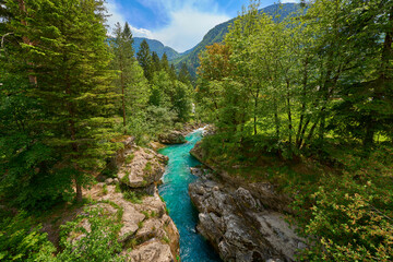 wild canyon with cristal clear turquoise water in the Soca valley, Trigalv National Park near...