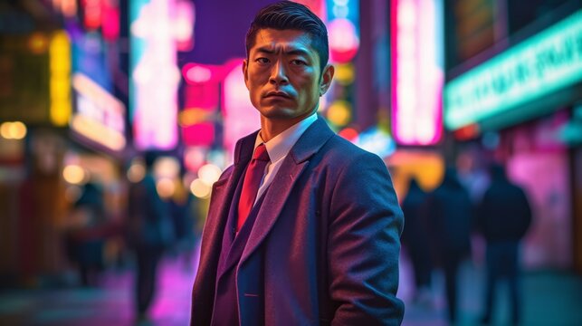 a yakuza member stands with an air of confidence and authority in the bustling center of the Shibuya diagonal crosswalk. Generative AI.