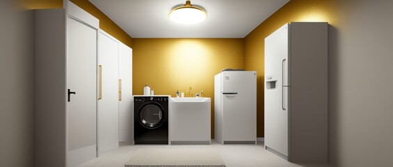 Long Shot View of a Utility room with golden walls in Back lighting using Ink wash style. Generative AI