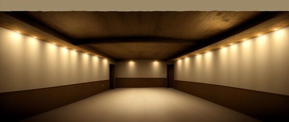 Panorama View of a Basement with beige walls in Flickering light using Detailed painting style. Generative AI