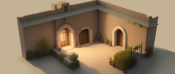 Isometric View of a courtyard with beige walls in Cinematic lighting using Speedpainting style. Generative AI