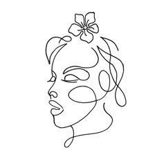 Minimalistic silhouette of woman face. Black and white. White background. One line drawing.
