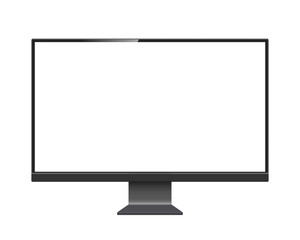Black computer monitor vector mockup. Pc template with blank screen. Desktop isolated on white background.
