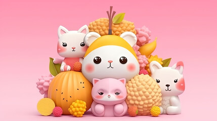 Obraz premium Cute voluminous fruit in Asian style. Cartoon fruit with a animal. Gentle square illustration with 3d character. White animal on a pink background with sweets