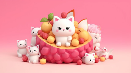 Cute voluminous fruit in Asian style. Cartoon fruit with a animal. Gentle square illustration with 3d character. White animal on a pink background with sweets