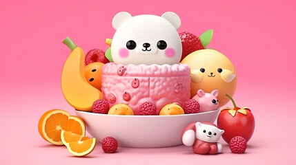 Cute voluminous fruit in Asian style. Cartoon fruit with a animal. Gentle square illustration with 3d character. White animal on a pink background with sweets
