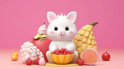 Cute voluminous fruit in Asian style. Cartoon fruit with a animal. Gentle square illustration with 3d character. White animal on a pink background with sweets