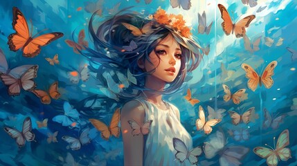 Enchanting Anime Girl with Butterfly Wings: Mesmerizing Artwork of Ethereal Silhouette in a Blue Butterfly Wonderland, Generative AI