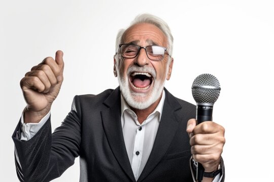 Headshot portrait photography of a happy old man dancing and singing song in microphone against a white background. With generative AI technology