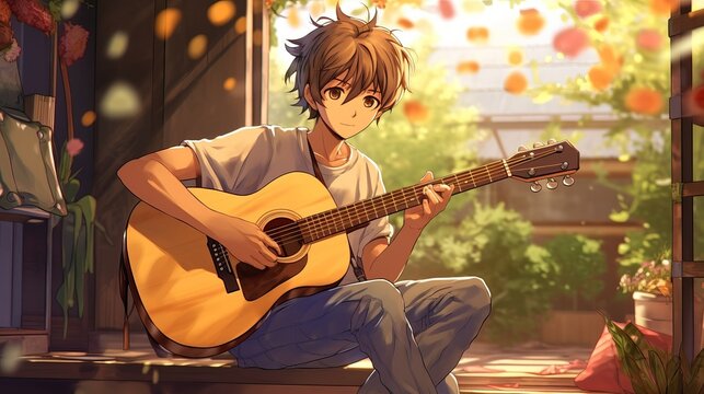 Passionate Anime Boy Playing Guitar: Captivating Illustration of Musical Talent and Joyful Expression, Generative AI